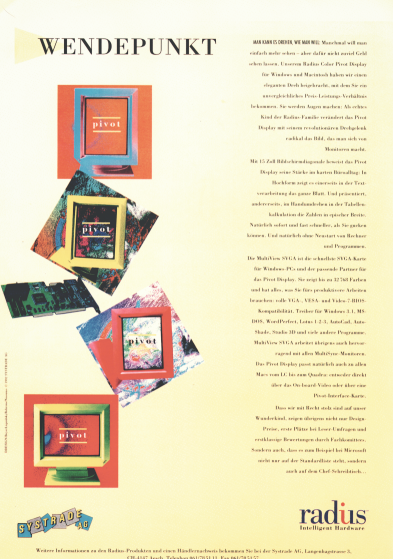 Print ad Radius Inc. Pivot (pivotable display) 1992